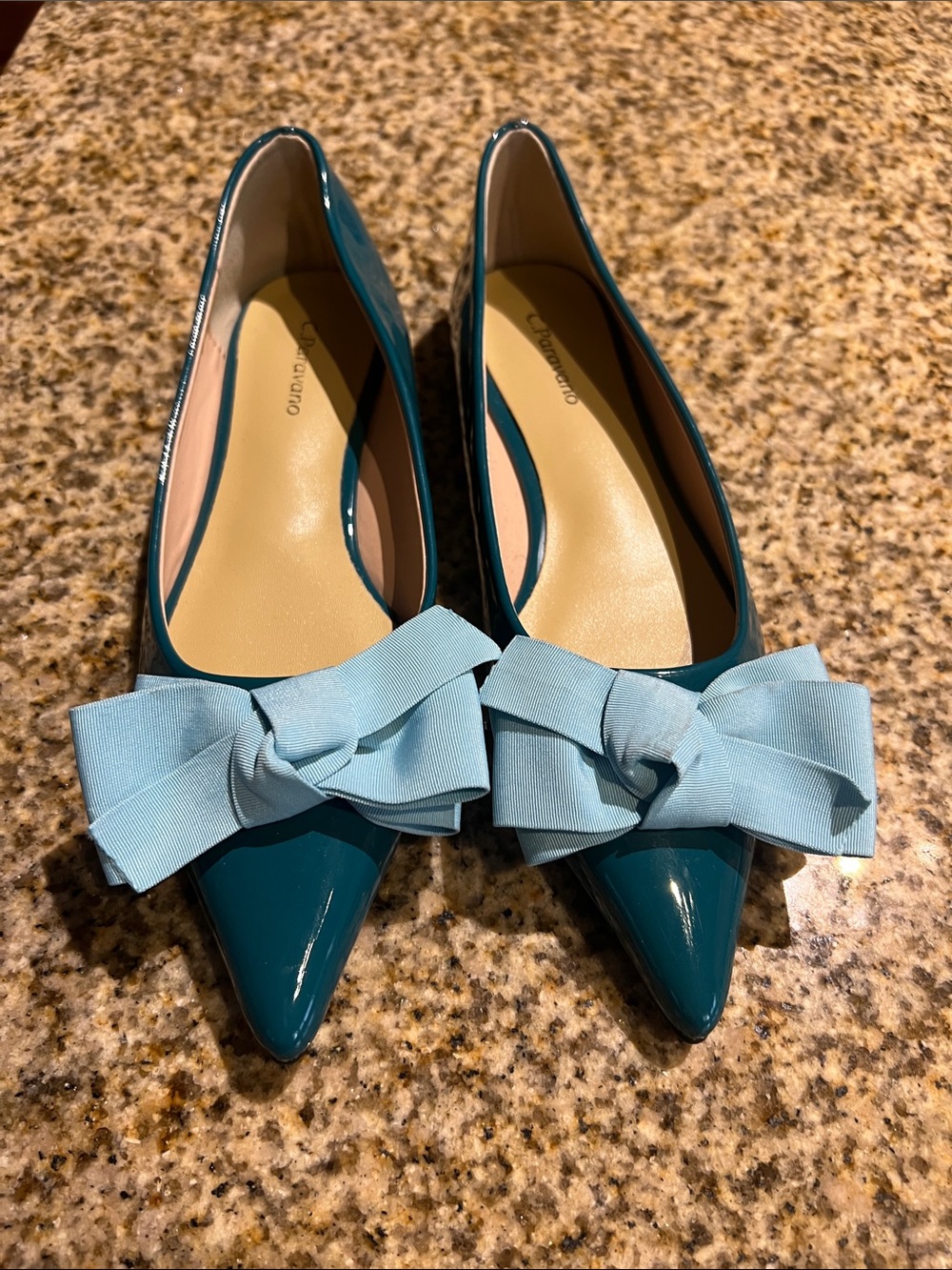 Patent Pointed-Toe Flats with Light Blue Bow in Teal